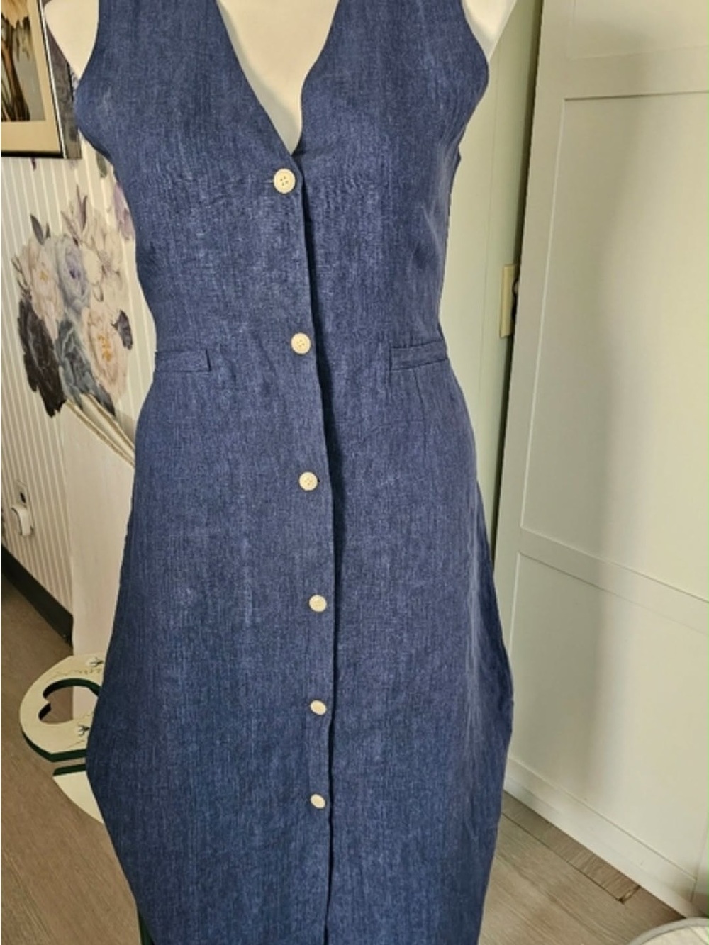 Jenni Kayne Callan Linen Dress Chambray Blue NWT L Midi Button Front Minimalist - Picture 4 of 13